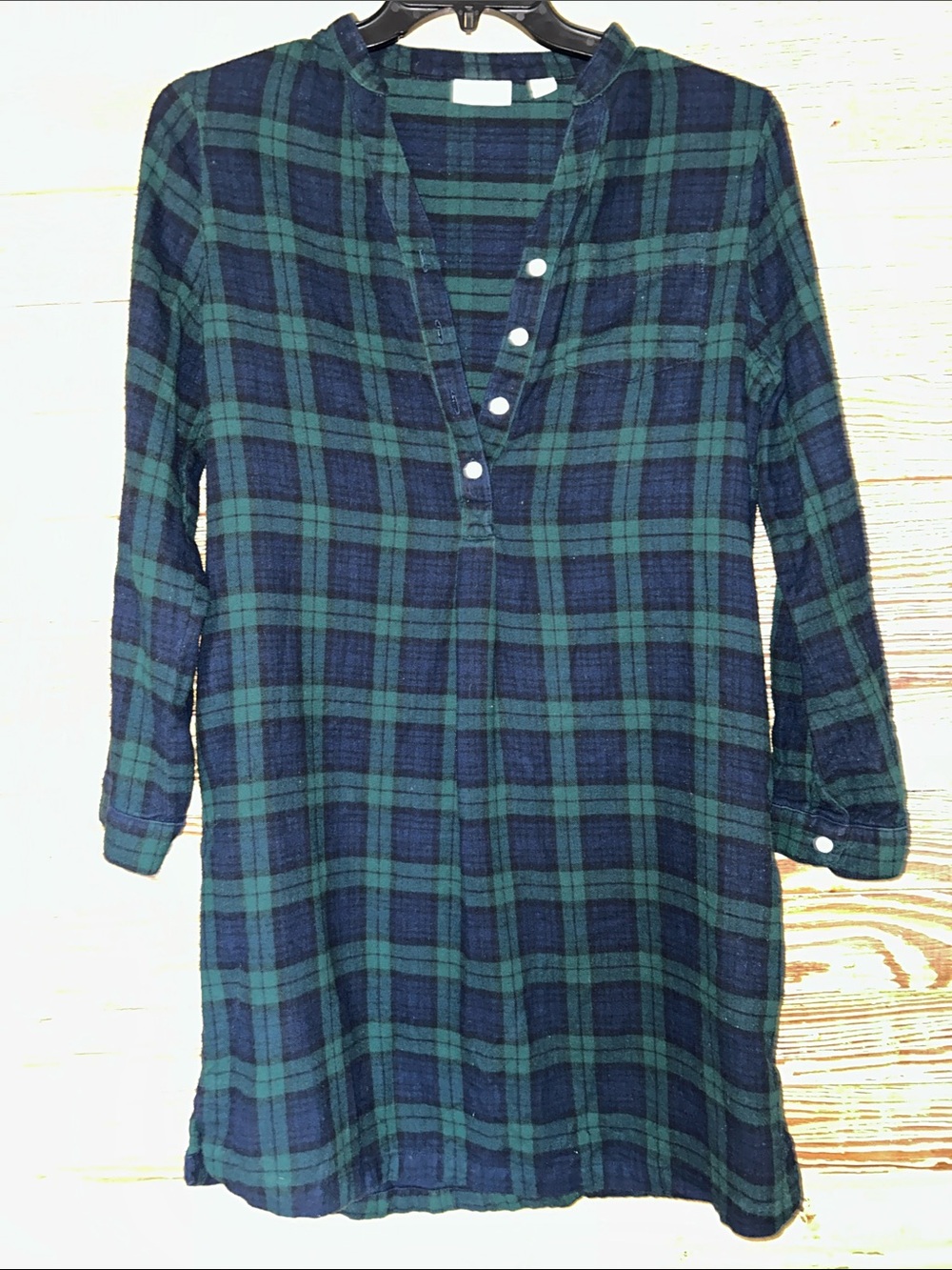 L.L. Bean | Black and Green Plaid Henley Nightshirt